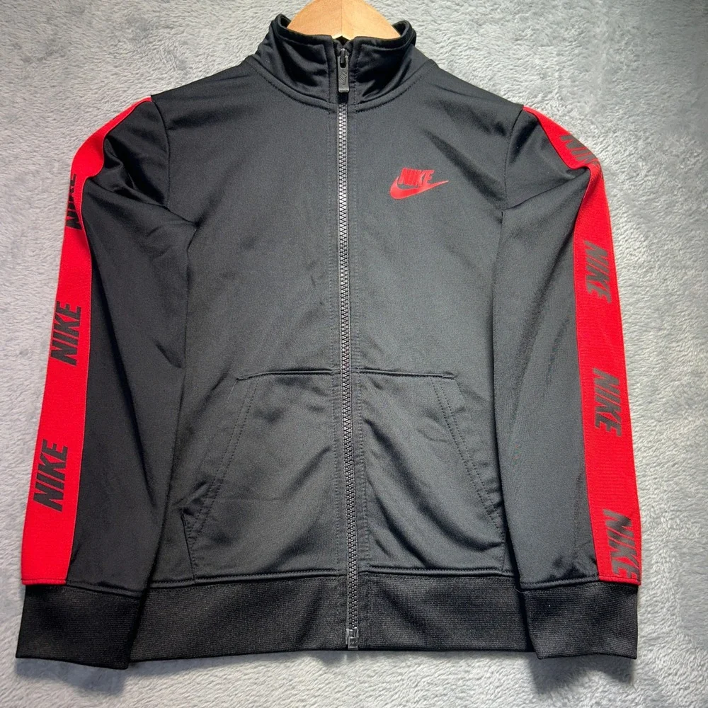 Y2K Nike Kids Full Zip Track Jacket Black Red Logo Tape G796-023 Size 7 6-7YRS‎
